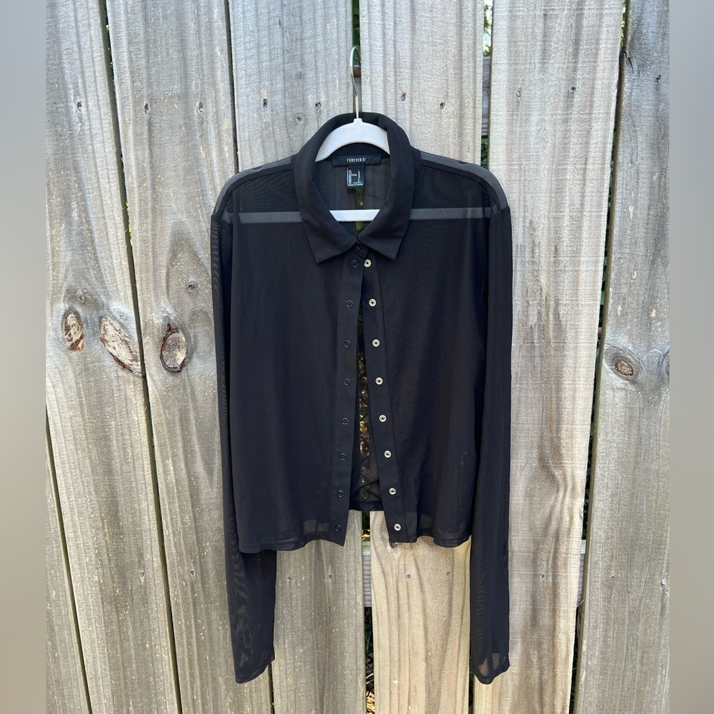 Collared mesh long sleeve button up cropped blouse size medium.